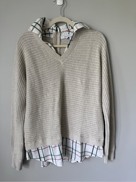 Foxcroft Sweaters - Foxcroft Beige Waffle Knit V-Neck Sweater with Plaid Hem